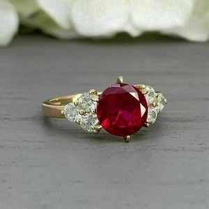 2Ct Round Cut Lab-Created Ruby Engagement Wedding Ring 14K Yellow Gold Plated - Picture 1 of 3