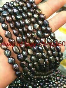 7-8mm Natural South Sea Freshwater Black Baroque Real Pearl Loose Beads 15"