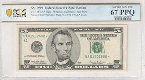 $5 1999 Star Note Federal Reserve Note Boston FW A-* Block PPQ 67 Graded GEM - Picture 1 of 2
