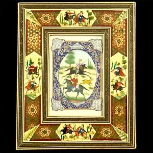 Vintage Persian Miniature Bone Painting with Inlaid Frame Polo Hunting Horses RX - Picture 1 of 10