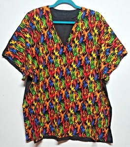 FLAMES FIRE PRINT Scrub Top short sleeve 2X/3X black orange blue vibrant pullove - Picture 1 of 4