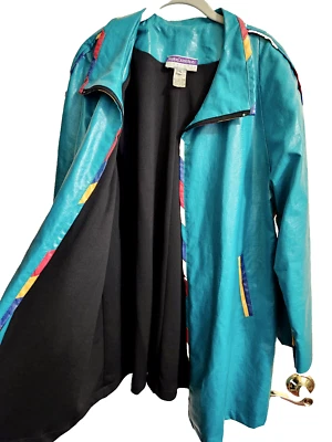 MARYLOU OZBOLT STORER XL 14 Teal Rain Coat Slicker Lined Fibrearts Seattle MINT! - Image 1 of 4