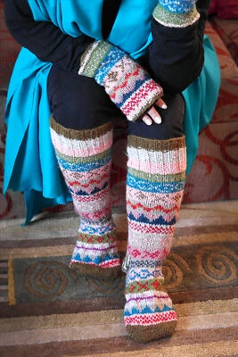 Pink and Olive Green mixed color Woolen Knee High Socks - Image 1 of 4