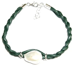 Bracelet Silver Sterling 925 With Pearl Cultivated 11mm and Leather Green - Picture 1 of 3