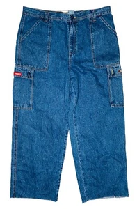 *VTG* Faded Glory Y2K Baggy Wide Cargo Tommy Hilfiger Patches Jeans; 38 x 30 - Picture 1 of 11