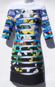 MARY KATRANTZOU White Navy Floral Striped Short 3/4 Sleeve Sheath Dress 2 IT 38 - Picture 1 of 12