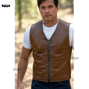 Men’s Brown Leather Vest - Men's Vest Biker - Prime Quality Vest - S to 5XL - Picture 1 of 11