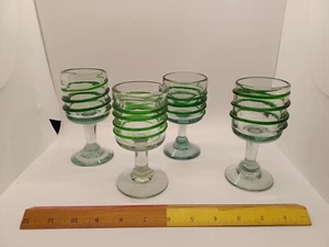 Set 4 Hand Blown Mexican Green Rim & Swirl Wine Glasses 4 oz - Picture 1 of 10