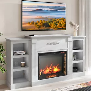 70" Entertainment Console Storage Wood with 28" Electric Fireplace, White - Picture 1 of 7