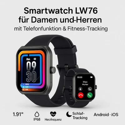 Smartwatch mit Telefonfunktion – 1,91" IP68 Wasserdicht für iOS und Android LW76 - Bild 1 von 4