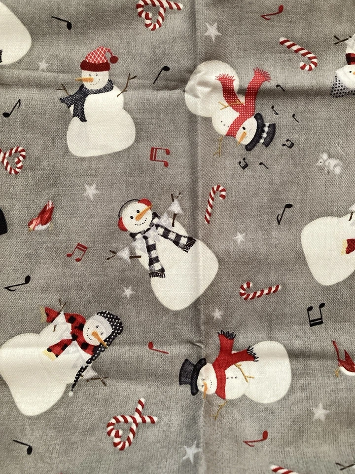 Snowmen Red Black Scarves on Grey Musical Notes Snowy Wishes J Pugh Fabric 23" - Image 1 of 3