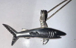 Sterling Silver Etched Shark Pendant w/20" Sterling Chain - Signed 925 SS-923 - Picture 1 of 12