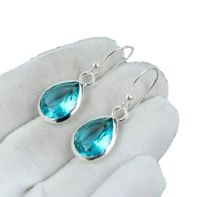 Swiss Blue Topaz Gemstone 925 Sterling Silver Jewelry Earrings Size-1.3 - Image 1 of 4