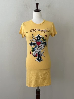 Винтажный Ed Hardy Sz M желтый графический стразы короткие рукава футболка платье - Изображение 1 из 4