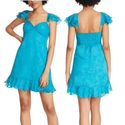 Betsey Johnson XL Blue Floral Chiffon Flowy Fairy Mini Babydoll Peplum Dress - Image 1 of 4