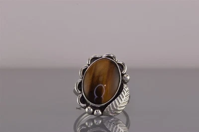 Anillo de plata esterlina ovalado ojo de tigre cabujón pluma acentuada banda 925 talla: 8 Foto 1 de 4