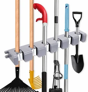 Mop Broom Holder Wall Mount Broom Hanger Holds Up to 6 Tools Cleaning Organizer - Picture 1 of 7