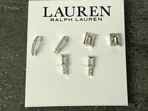 NEW Lauren Ralph Lauren 3-Pc Set Pave Bar Earrings Baguette-Crystal Silver Tone - Picture 1 of 8