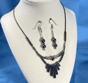 VTG Dark Gray Hematite Graduated Fan Sticks & Bead Necklace, w/Matching Earrings - Picture 1 of 11