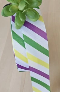 5/8, 7/8 & 1.5" (1 YD) Mardi Gras Grosgrain Ribbon Green Purple & White Stripes - Picture 1 of 1