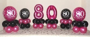 80TH BIRTHDAY - BLACK AND PINK - 6 PACK BALLOON DISPLAY -TABLE CENTREPIECE - Picture 1 of 10