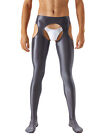 Mens Oil Shiny Mid Waisted Opaque Pantyhose Open Crotch Footed Tights Lingerie