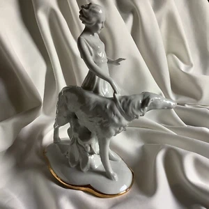 Antik Deutsch Art Deco Porzellan Dame Mädchen Hund Barsoi Tier Windhund Figur - Bild 1 von 12