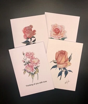 Lote de 4 tarjetas de felicitación rosa en blanco con sobres, cuadernos, arte original Foto 1 de 4