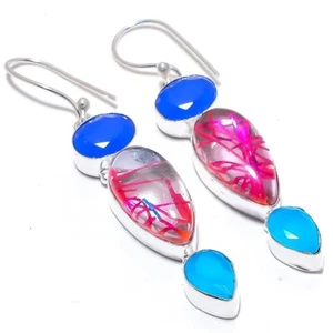 Pink Rutile Quartz, Onyx Gemstone 925 Silver Jewelry Earring 2.5" R-2656 - Picture 1 of 1