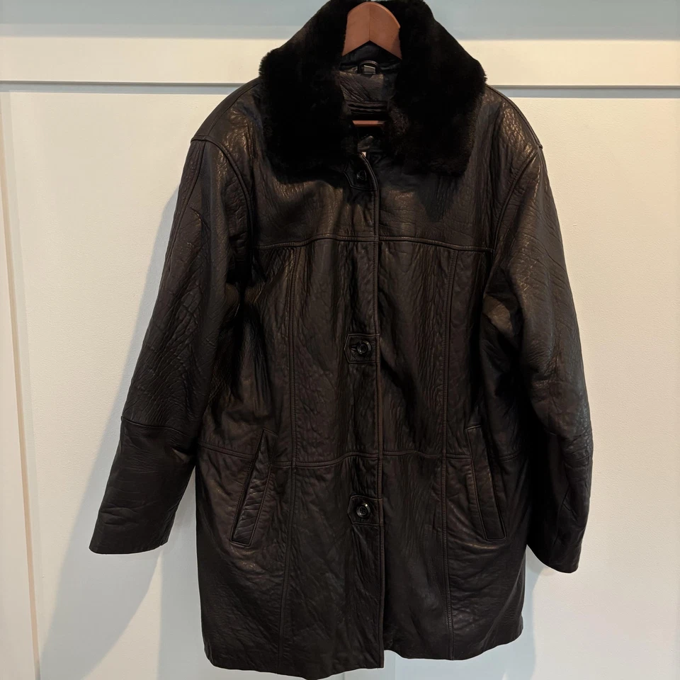 Vtg Charles Klein Genuine Leather Coat Men XL Black Faux Fur Collar Zip Liner - Image 1 of 4