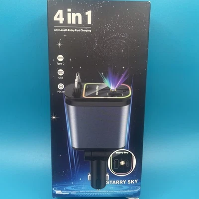 4 in 1 Retractable Fast Car Charger with Starlight 66W USB C for iPhone &Android - Image 1 of 4