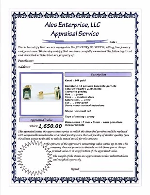 PENDIENTES TSAVORITA ORIGINALES 2,18 quilates oro amarillo 14k - Certificado Gratis Foto 1 de 4