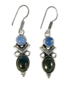 Labradorite & Moonstone Dangle/Drop Earrings 925 Sterling Silver Plated 1.75" - Picture 1 of 8