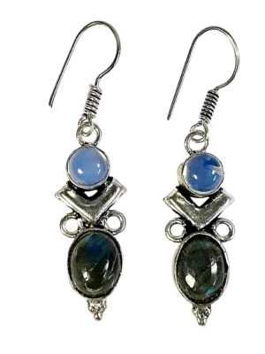 Labradorite & Moonstone Dangle/Drop Earrings 925 Sterling Silver Plated 1.75" - Image 1 of 4