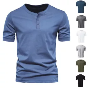 Mens Henley Grandad T Shirts Summer Short Sleeve Button Neck Casual Tee Tops 38 - Picture 1 of 32