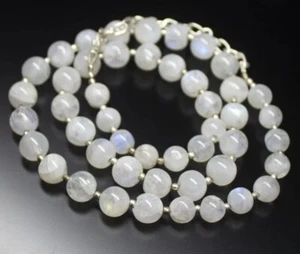 Natural Rainbow Moonstone Gemstone Beads 925 Sterling Silver Handmade Necklace - Picture 1 of 2
