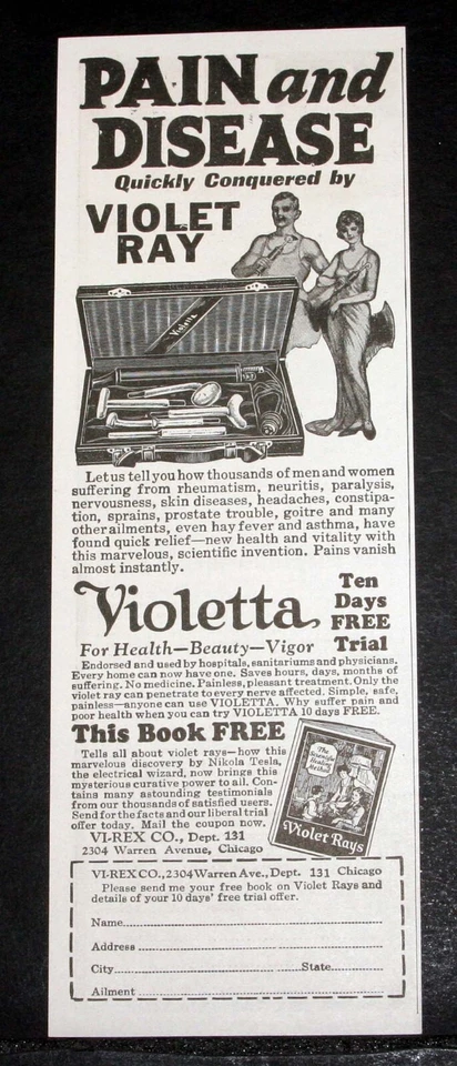 Antiguo anuncio impreso de revista 1933, violeta violeta rayo, dolor, enfermedad conquistada ¡rápido! Foto 1 de 1