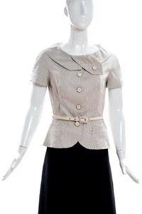 CHRISTIAN DIOR 10C Ivory Navy Pinstripe Short Sleeve Belt Blazer Jacket IT 44 8 - Picture 1 of 12