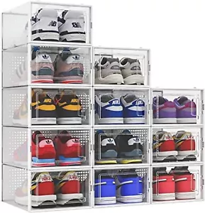 New-12 Pack Shoe Organizer Storage Bins Clear Plastic Stackable Shoe Boxes for C - Picture 1 of 7