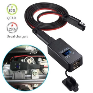 12V Motorrad SAE Zu USB Dual Port Kabel Adapter Ladegerät + Voltmeter Für Handy - Picture 1 of 7
