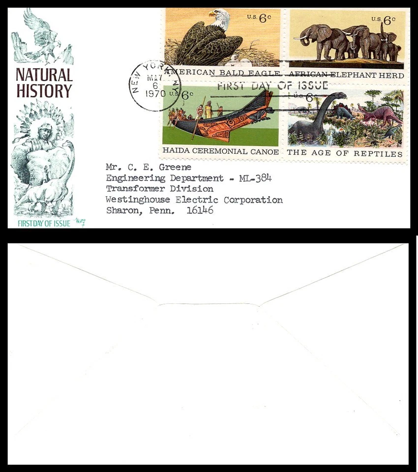 US FDC # 1387`-1390` 6c Natural History  Marg block advertizing 1970, 9p6395 - Image 1 of 1