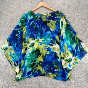Susan Graver Top Womens Extra Large Blue Green Floral Blouse Kimono Slit Sleeve - Picture 1 of 11