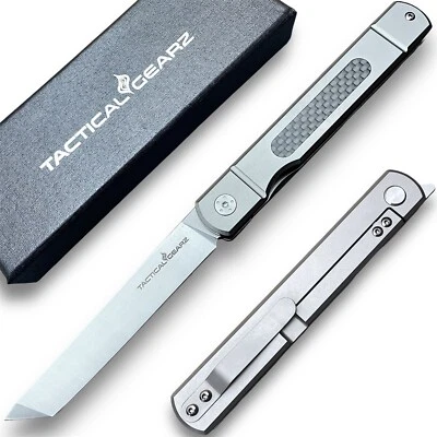 TACTICALGEARZ Full Tc4 Titanium Japanese Front Flipper Knife! Polished D2 Steel, Tanto Blade!