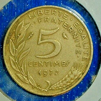 VENDA MUNDIAL DE MOEDAS-1972-FRANÇA 5 CENTAVOS: MOEDA DE COMPOSIÇÃO DE ALUMÍNIO/BRONZE-KM#933 - Imagem 1 de 3
