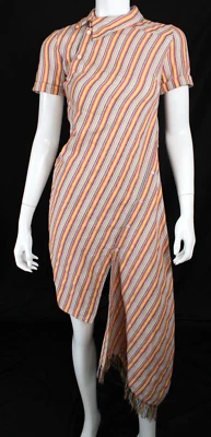 MONSE Orange & Beige Striped Cotton Fringed Asymmetrical Sheath Dress 0 - Image 1 of 4