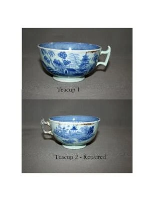 Juego de 2 tazas de té antiguas de barro oriental azul y gris pagoda asiática Foto 1 de 4