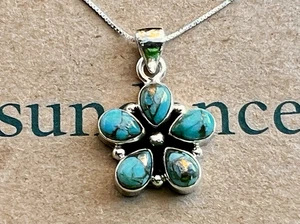 NEW $158 Sundance Copper Turquoise Flower Sterling Silver Pendant Chain Necklace - Picture 1 of 14