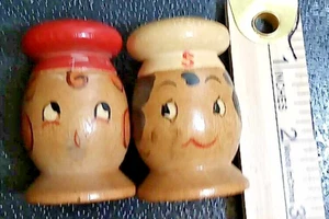 Vintage 2,5 Zoll Holz Salz + Pfefferstreuer bemalte Gesichter 40er/50er Jahre Japan mit Korken - Bild 1 von 7