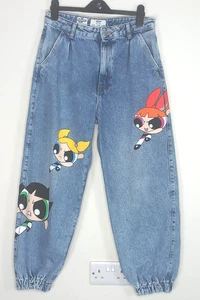 Bershka Power Puff Girls UK 8-10 Y2K Wide Leg Baggy Balloon Cropped Jeans Retro - Picture 1 of 14