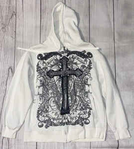 Felpa con cappuccio zip bianca Y2K Avirex con grafica incrociata taglia media - Foto 1 di 10